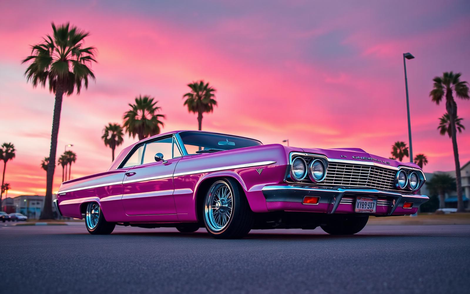 Pink lowrider at California sunset